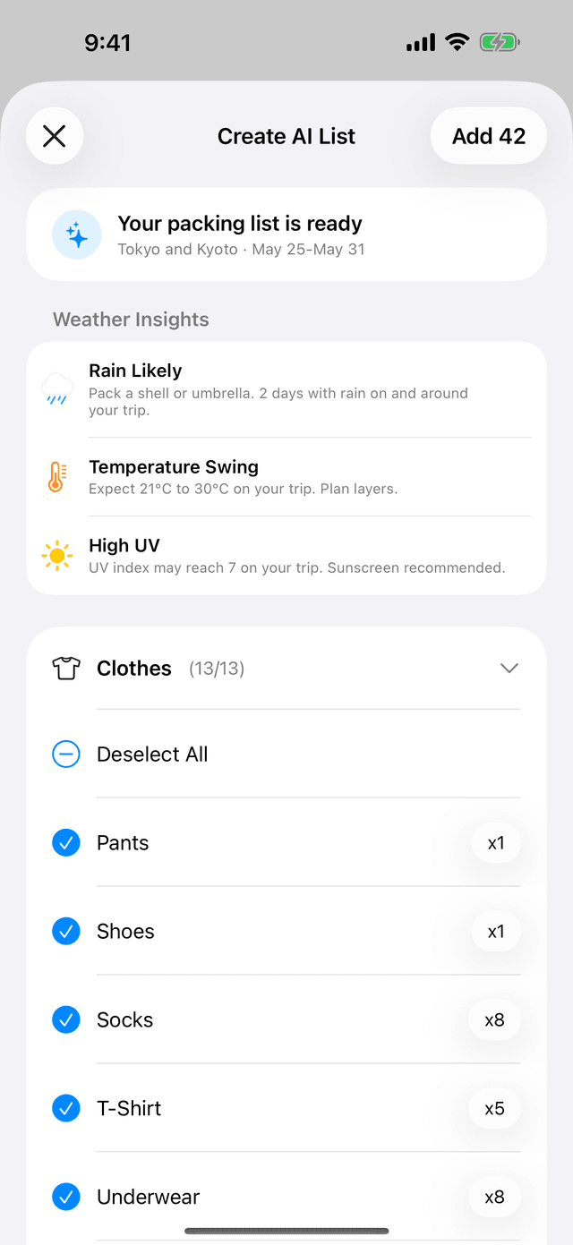 AI-generated packing list with weather-aware suggestions