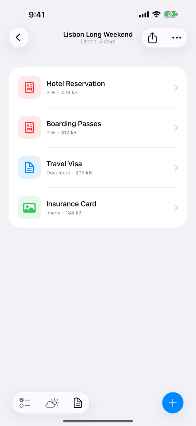 Travel documents like boarding passes and reservations attached to a trip