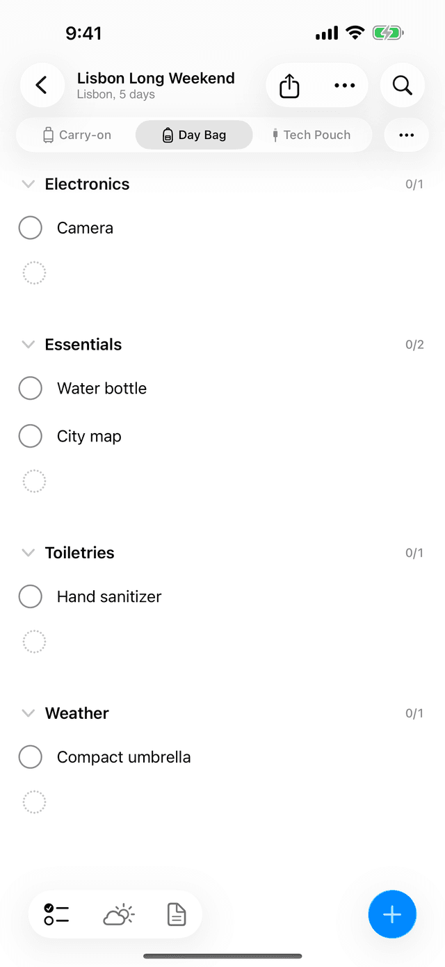 Packing organized across multiple bags in Pack, Repeat v3