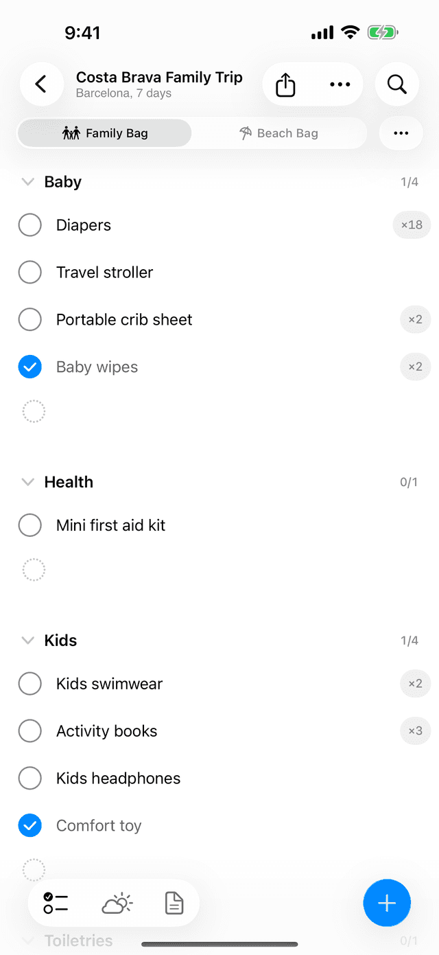 A shared family packing list with everyone's items in Pack, Repeat